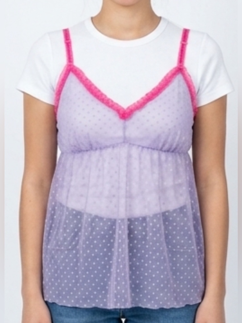 Sheer size S Polka Dot Lace-Trim Camisole Tank - Lavender with Pink Trim